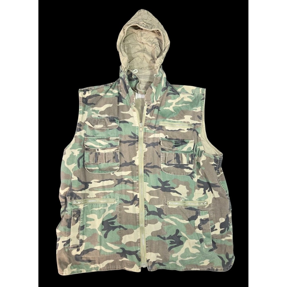 Rothco Ranger Vest Woodland Camo Utility Hunting Streetwear Stow Away Hood 2XL